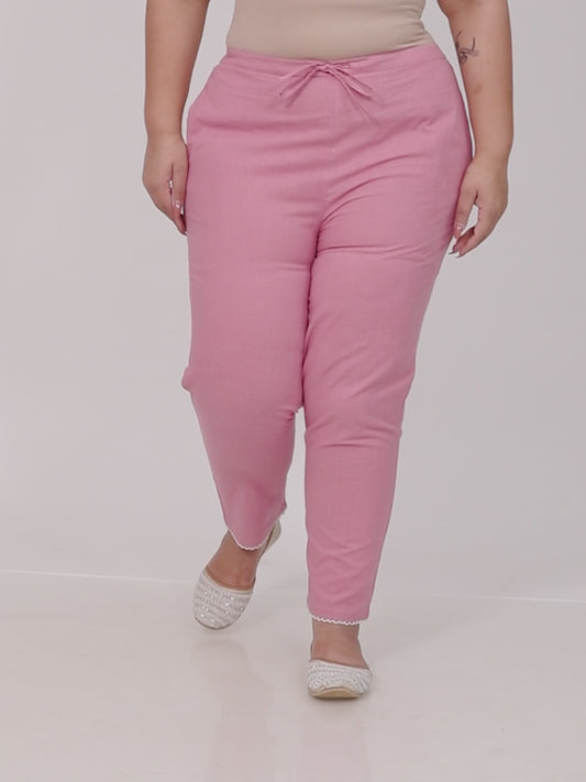 Natural Cotton Solid Pink Tapered Trousers