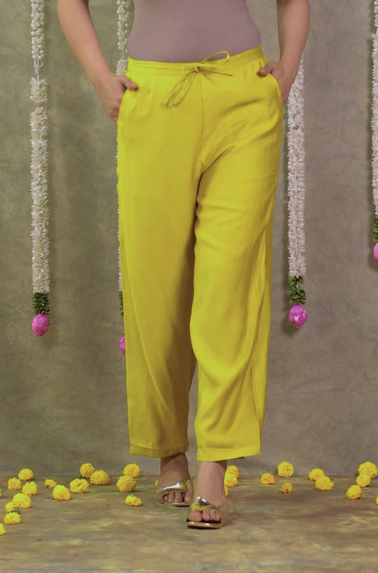 Blended Silk Solid Lemon Yellow Straight Trousers