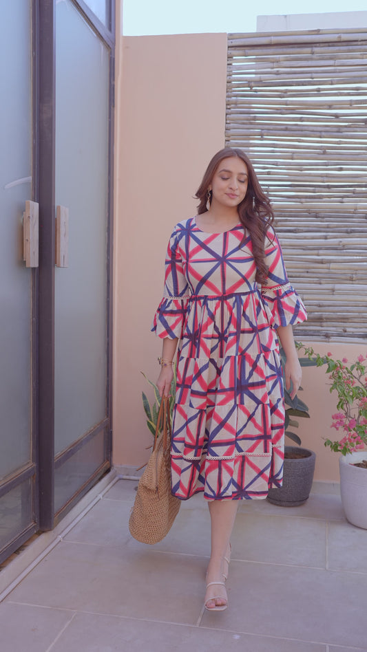 Soft Cotton Geometric Flared Cream Dress