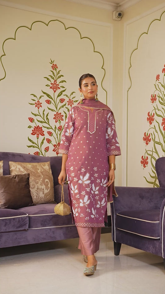 Embroidered Shimmer Placement Print Straight Mauve Kurta