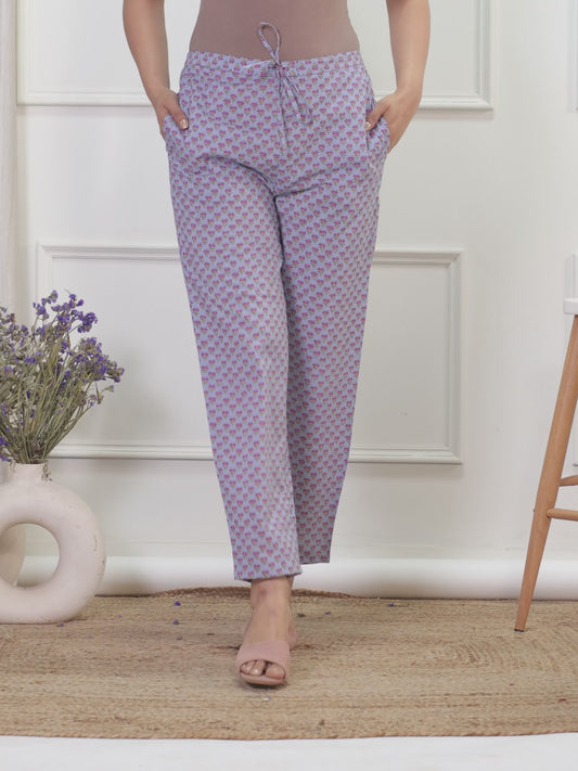 Soft Cotton Floral Violet Tapered Trousers