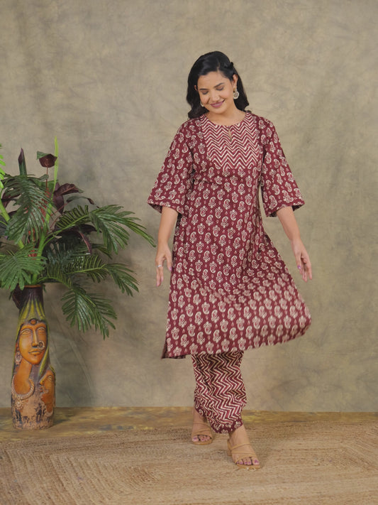 Embroidered Soft Cotton Block Straight Maroon Kurta