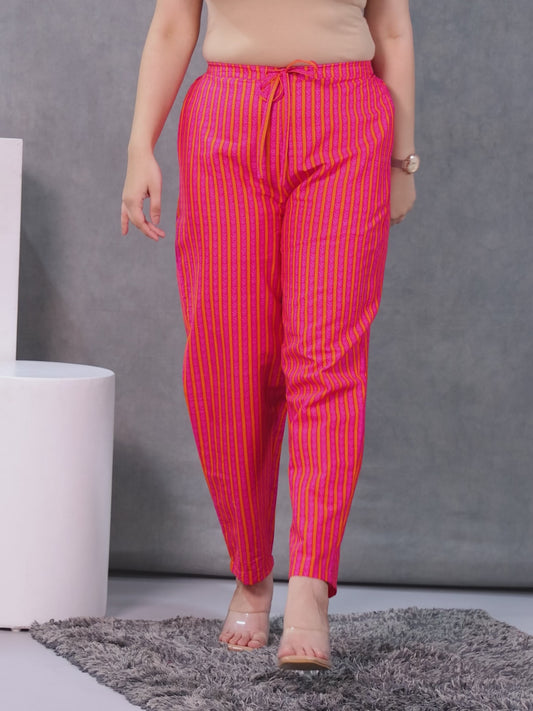 Soft Cotton Geometric Pink Tapered Trousers