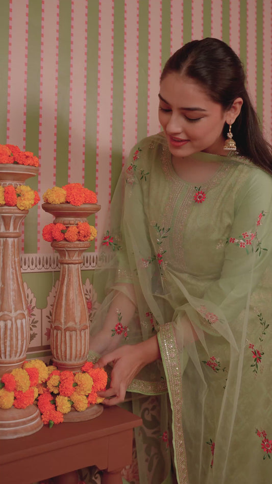 Embroidered Silk Jacquard Solid Straight Mint Green Kurta