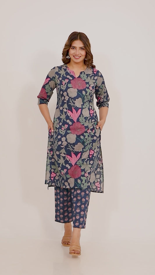 Soft Cotton Floral Straight Blue Kurta