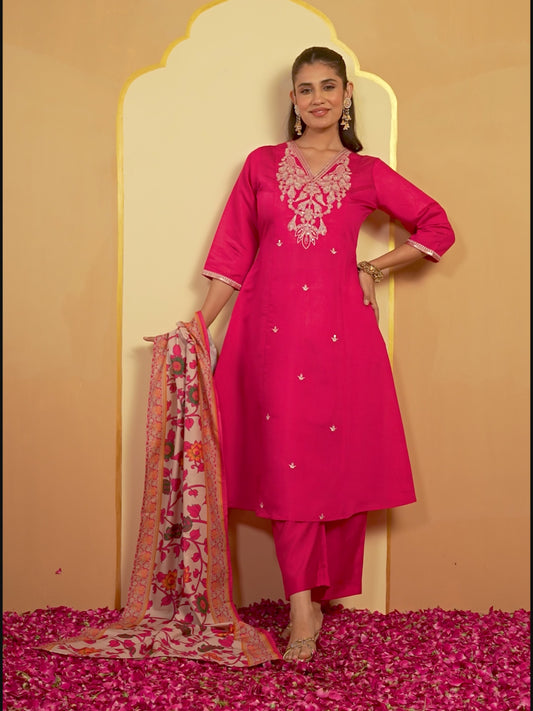 Embroidered Chanderi Solid A-Line Pink Kurta