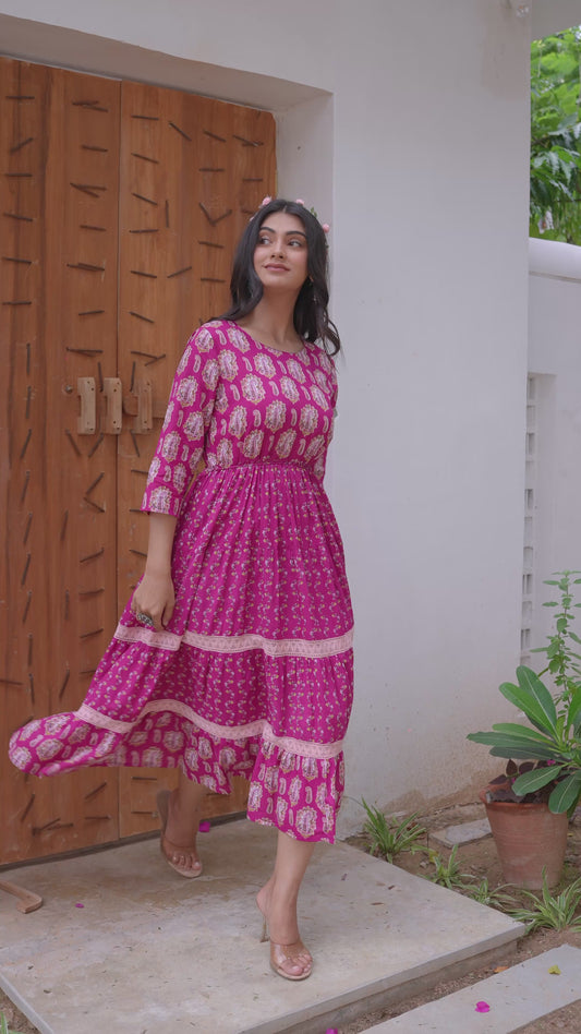 Soft Cotton Floral Anarkali Purple Dress