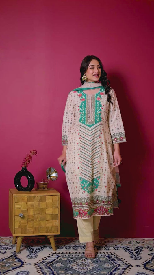 Soft cotton Floral Straight Cream Kurta