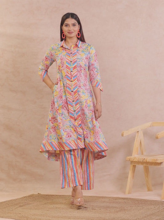 Soft Cotton Floral High Low Pink Kurta
