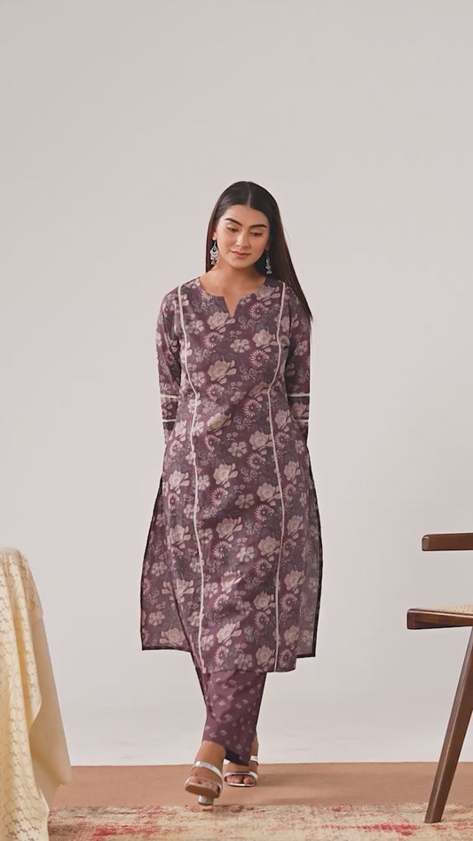 Soft Cotton Floral Straight Mauve Kurta