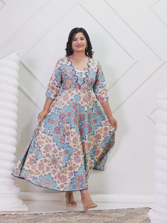 Linen Cotton Floral Flared Off White Dress