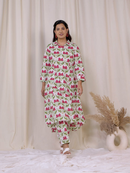Soft Cotton Floral High Low Off White Kurta