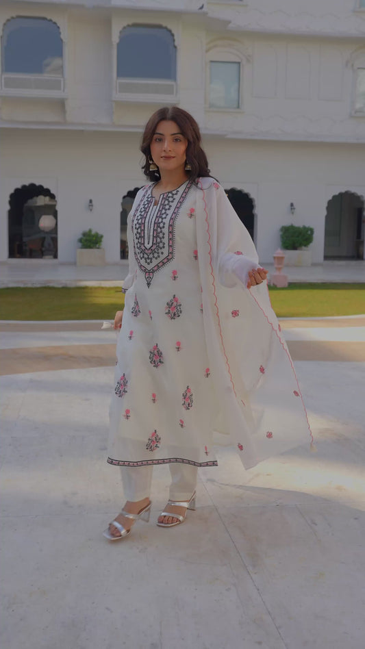 Embroidered Organza Solid Straight White Kurta