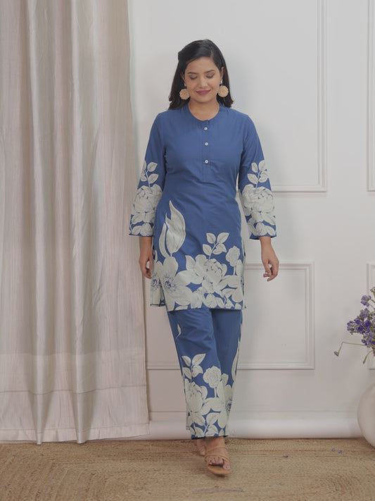 Soft Cotton Placement Print Straight Blue Kurta