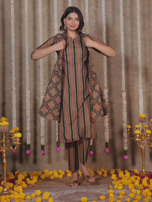 Soft Cotton Striped Straight Black Kurta