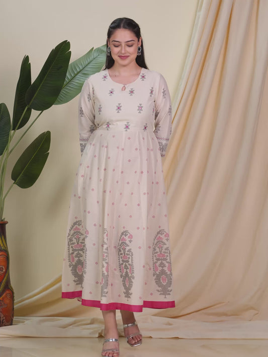 Embroidered Soft Cotton Butti Anarkali Cream Dress