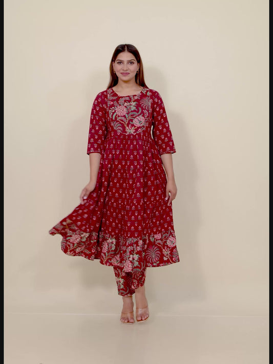 Embroidered Soft Cotton Block Print Anarkali Maroon Kurta