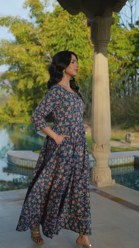 Soft Cotton Floral Anarkali Blue Dress (With Bag)