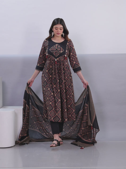 Embroidered Soft Cotton Geometric Flared Rust Kurta