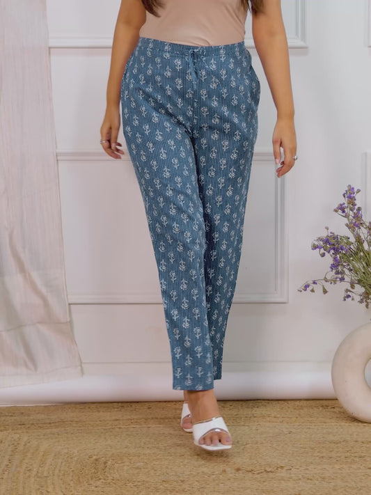 Kantha Cotton Floral Blue Tapered Trousers