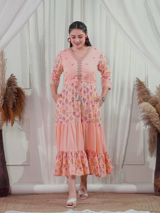Embroidered Soft Cotton Floral Anarkali Peach Dress