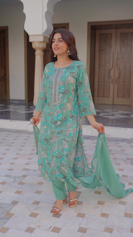 Embroidered Viscose Floral Sage Green Straight Kurta