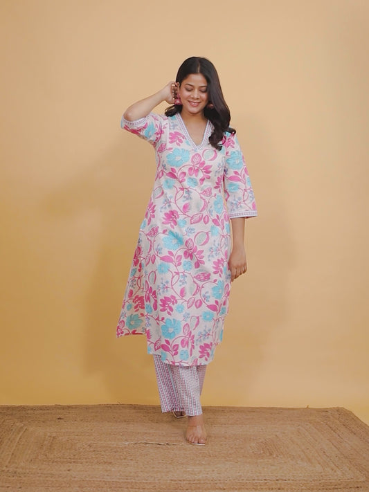 Soft Cotton Floral Straight Pink Kurta