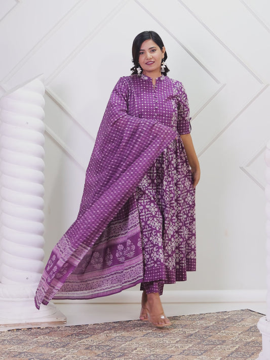 Soft Cotton Floral Panelled Purple Kurta