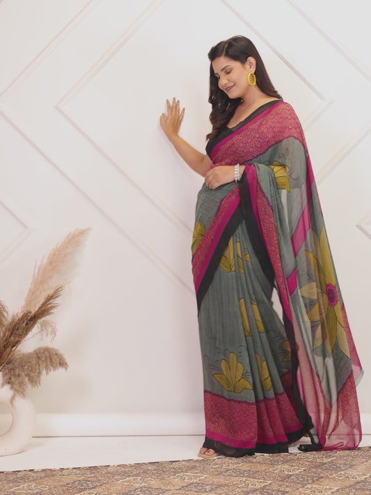 Chiffon Floral Grey Saree