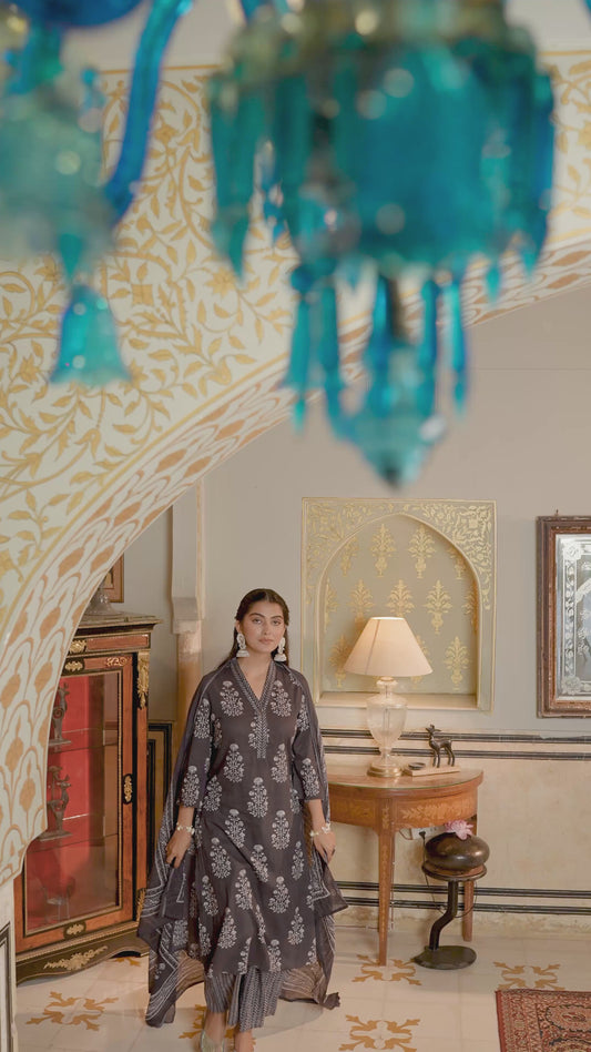 Soft Cotton Abstract A-line Grey Kurta