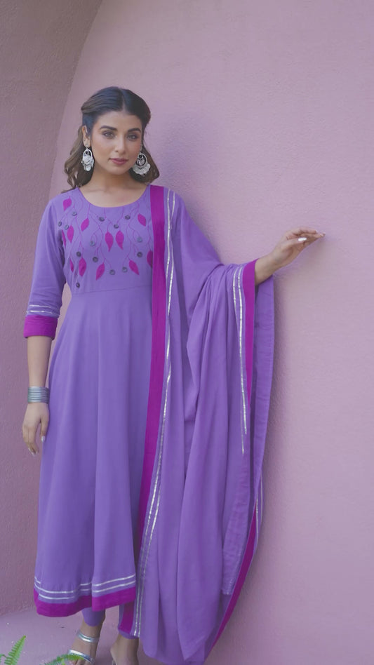 Embroidered Linen Cotton Solid Anarkali Purple Kurta