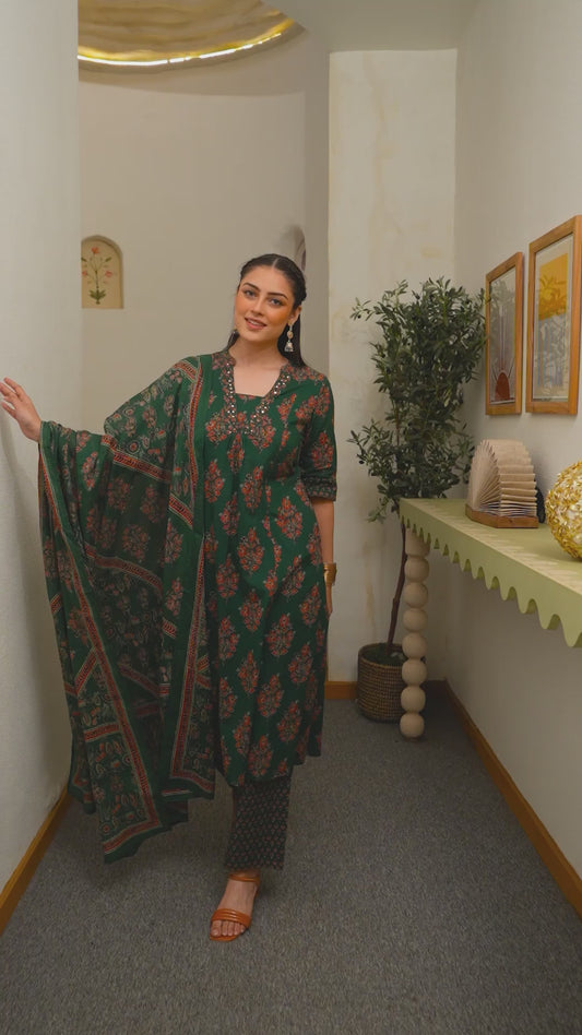 Embroidered Soft Cotton Block Print A-line Green Kurta