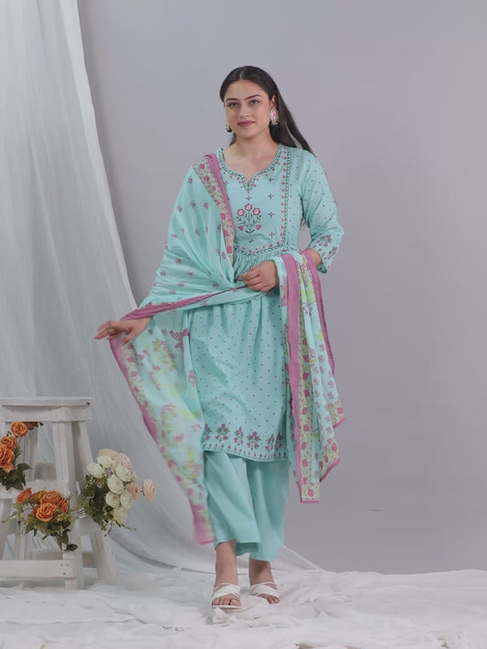 Embroidered Soft Cotton Floral Flared Mint Green Kurta