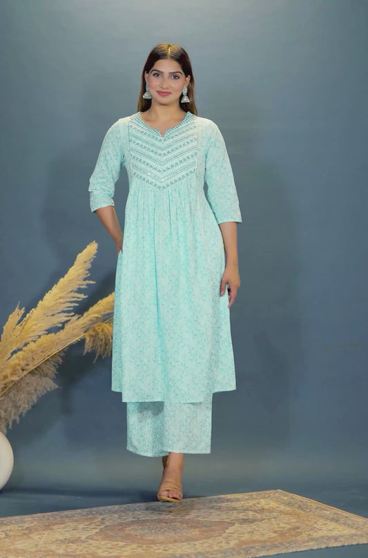 Embroidered Lurex Cotton Floral Flared Turquoise Kurta