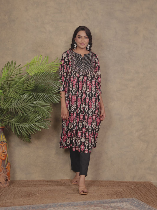Embroidered Soft Cotton Ikat A-line Black Kurta