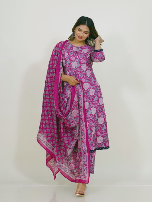 Soft Cotton Floral A-line Pink Kurta
