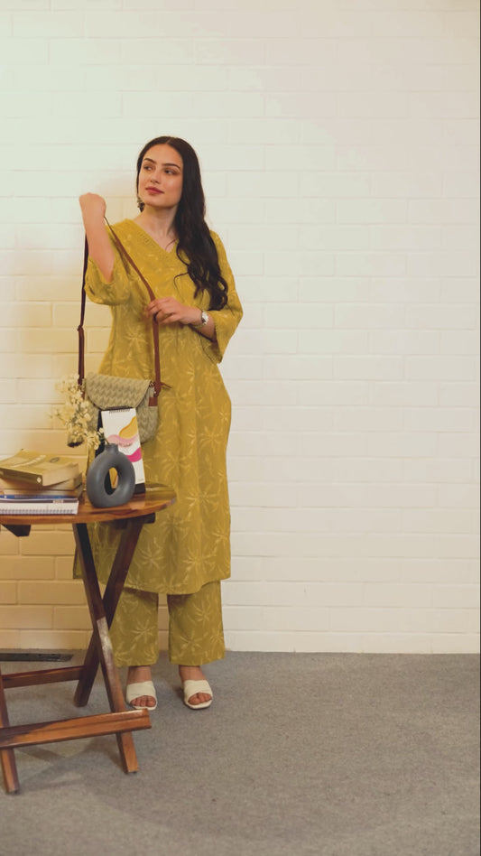 Slub cotton Floral Straight Mustard Kurta