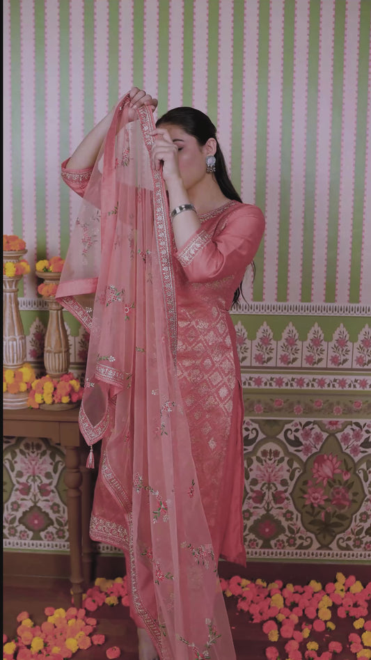 Embroidered Silk Jacquard Solid Peach Straight Kurta