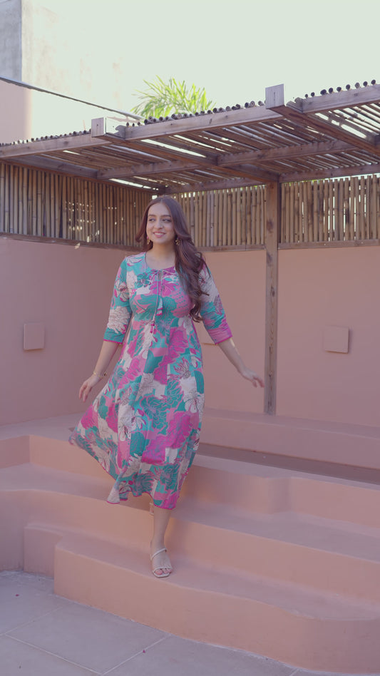 Soft Cotton Floral Flared Turquoise Dress