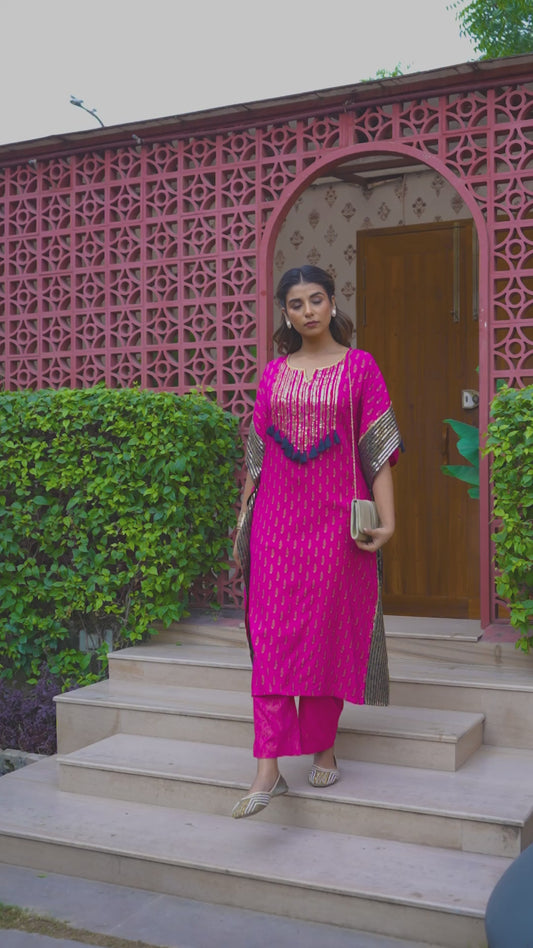 Embroidered Viscose Gold foil Kaftan Royal Pink Kurta