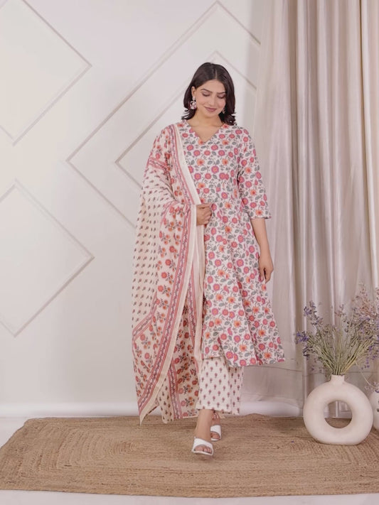 Soft Cotton Floral Flared Beige Kurta