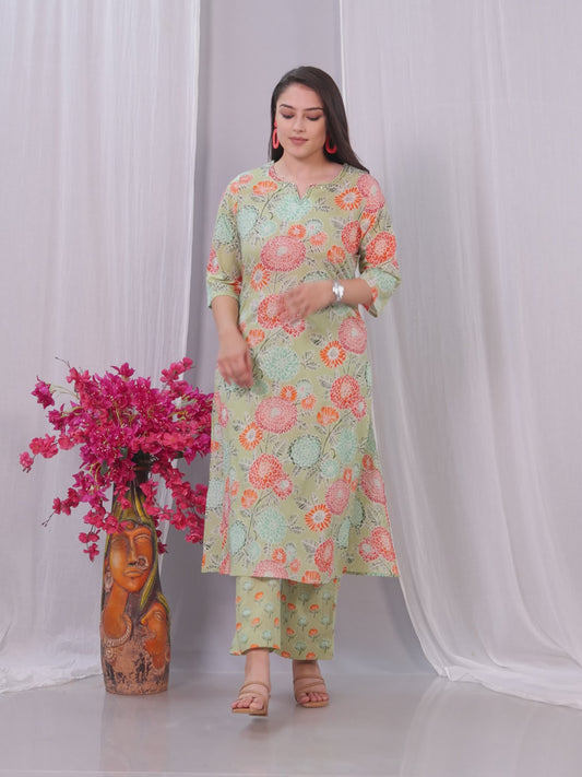 Embroidered Soft Cotton Floral Straight Green Kurta
