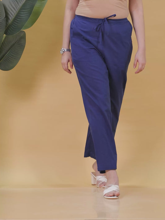 Soft Cotton Solid Blue Trousers Straight Trousers