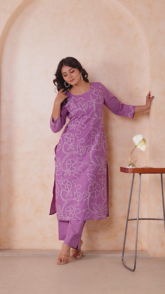 Embroidered Soft Cotton Solid Straight Lavender Kurta