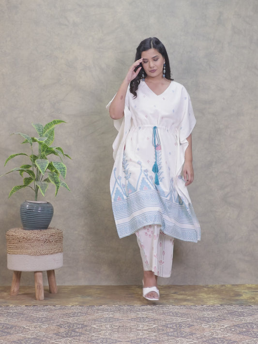 Soft Cotton Geometric Kaftan Off White Kaftan