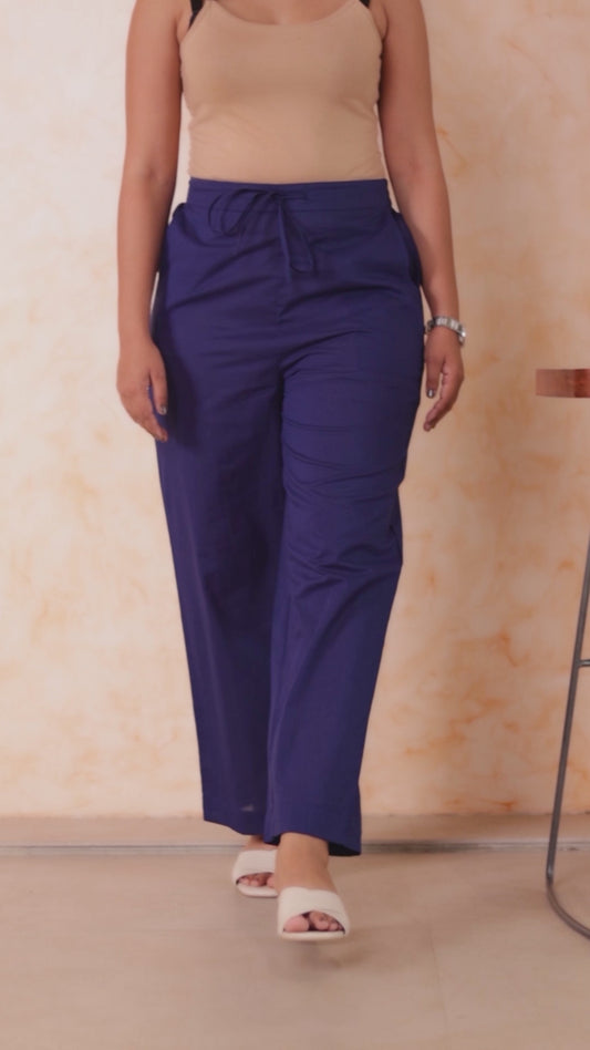 Soft Cotton Solid Blue Straight Trousers