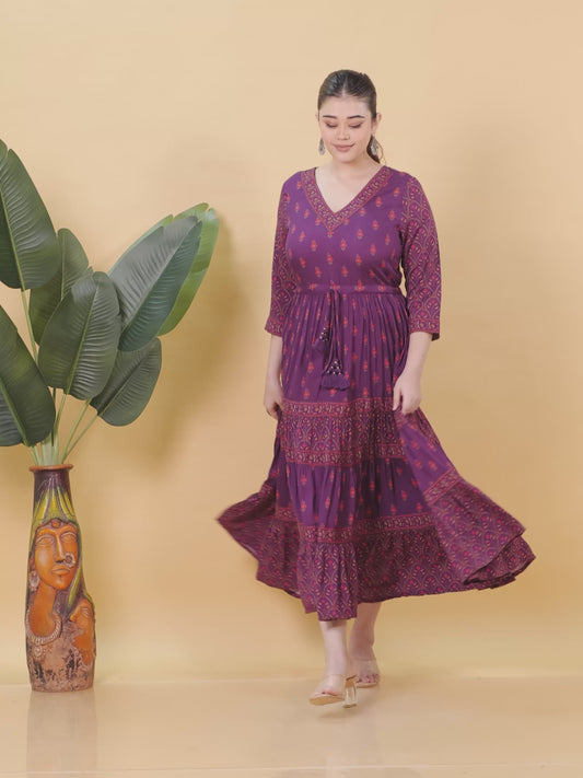 Viscose Floral Anarkali Wine Dress