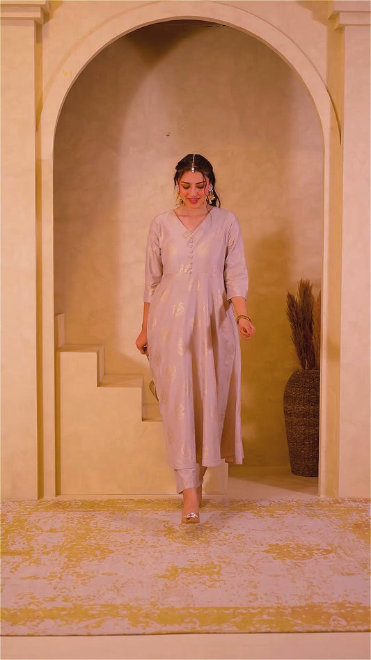 Blended Silk Butta Anarkali Beige Kurta