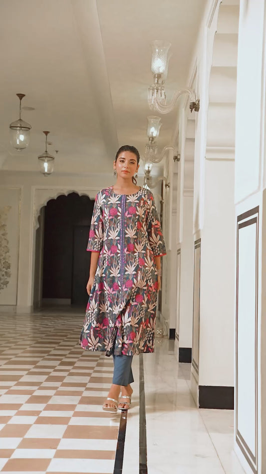 Embroidered Soft Cotton Foliage A-line Teal Kurta
