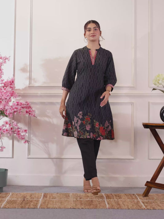Soft Cotton Placement Print A-line Black Kurta